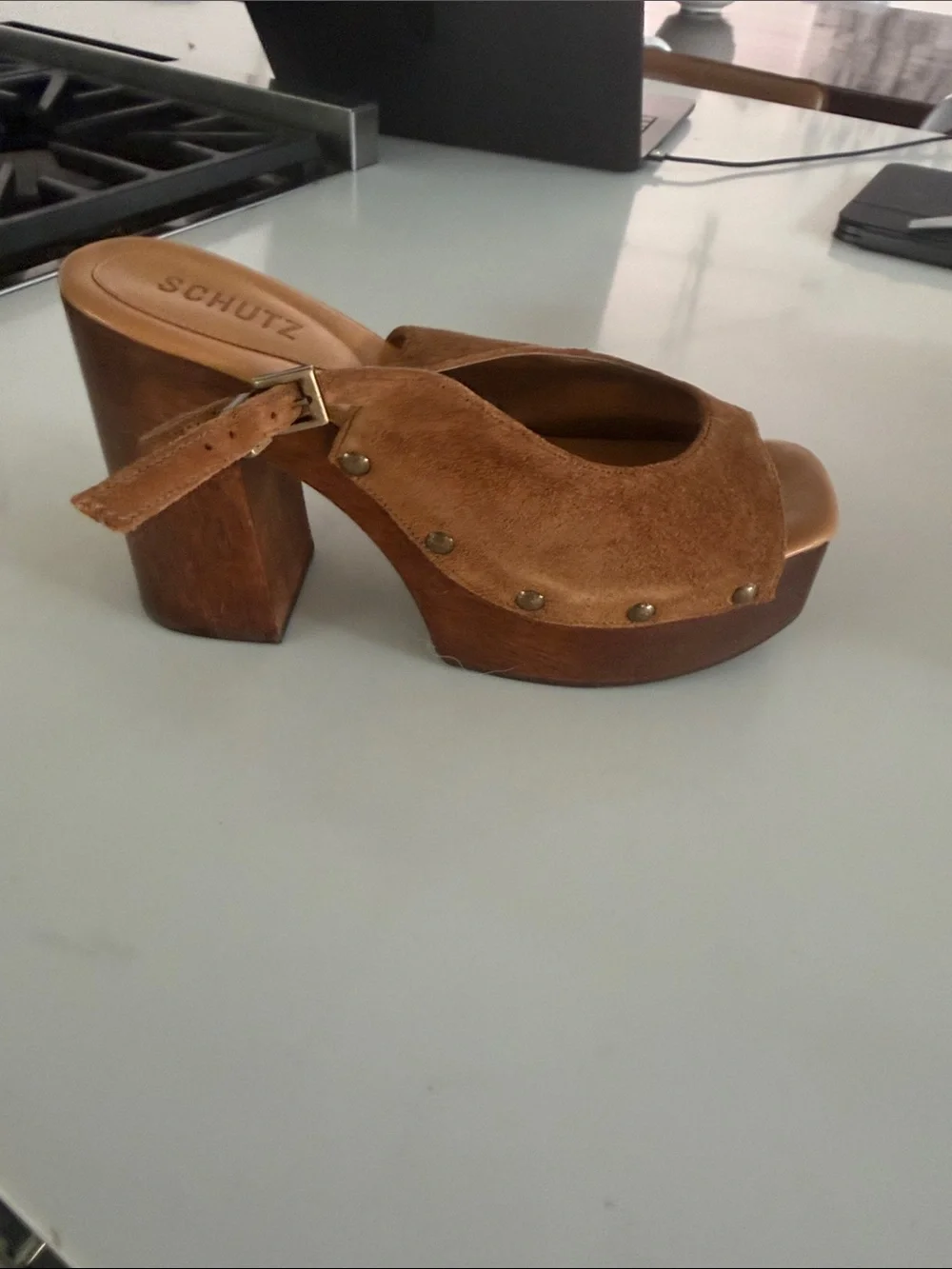 SCHUTZ Brown Suede Platform Slingback Sandals